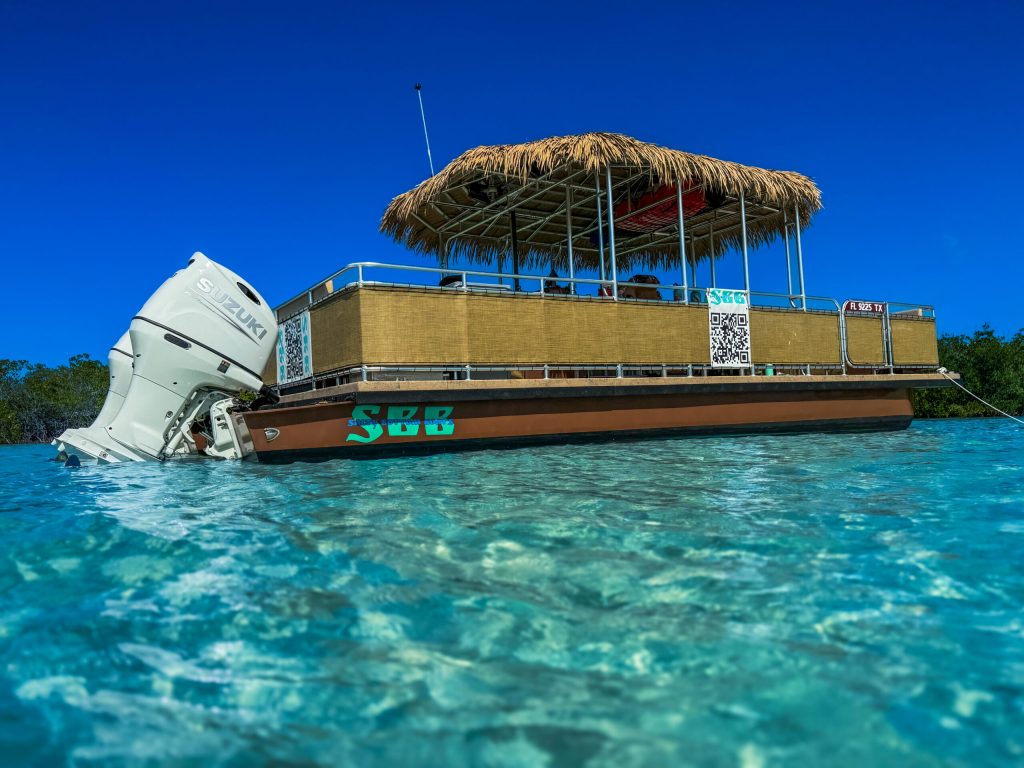 Thatched-roof tiki boat anchored in clear turquoise shallows