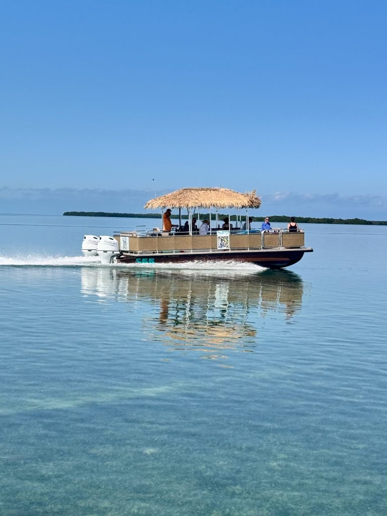 Thatched-roof tiki boat cruising across calm, glassy water
